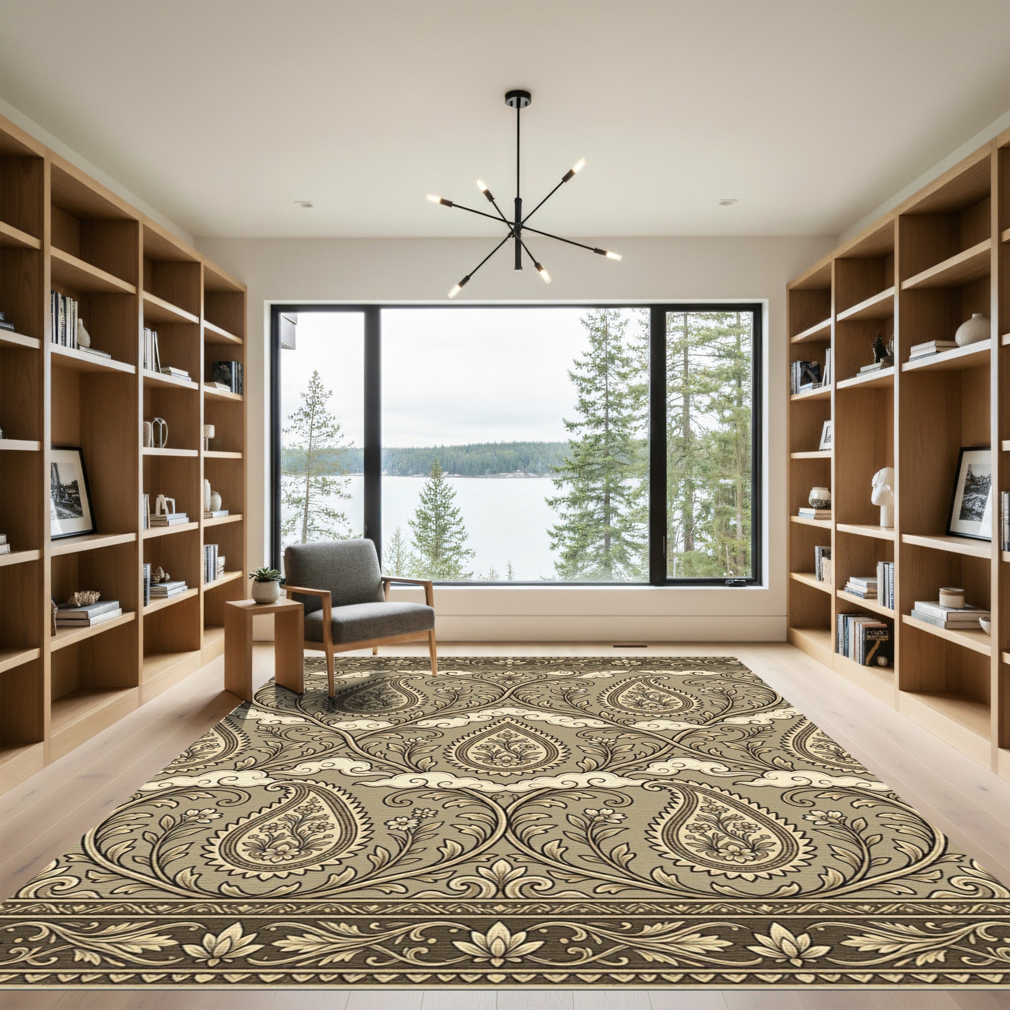 Earthy Taupe Paisley Floral Scroll Rug