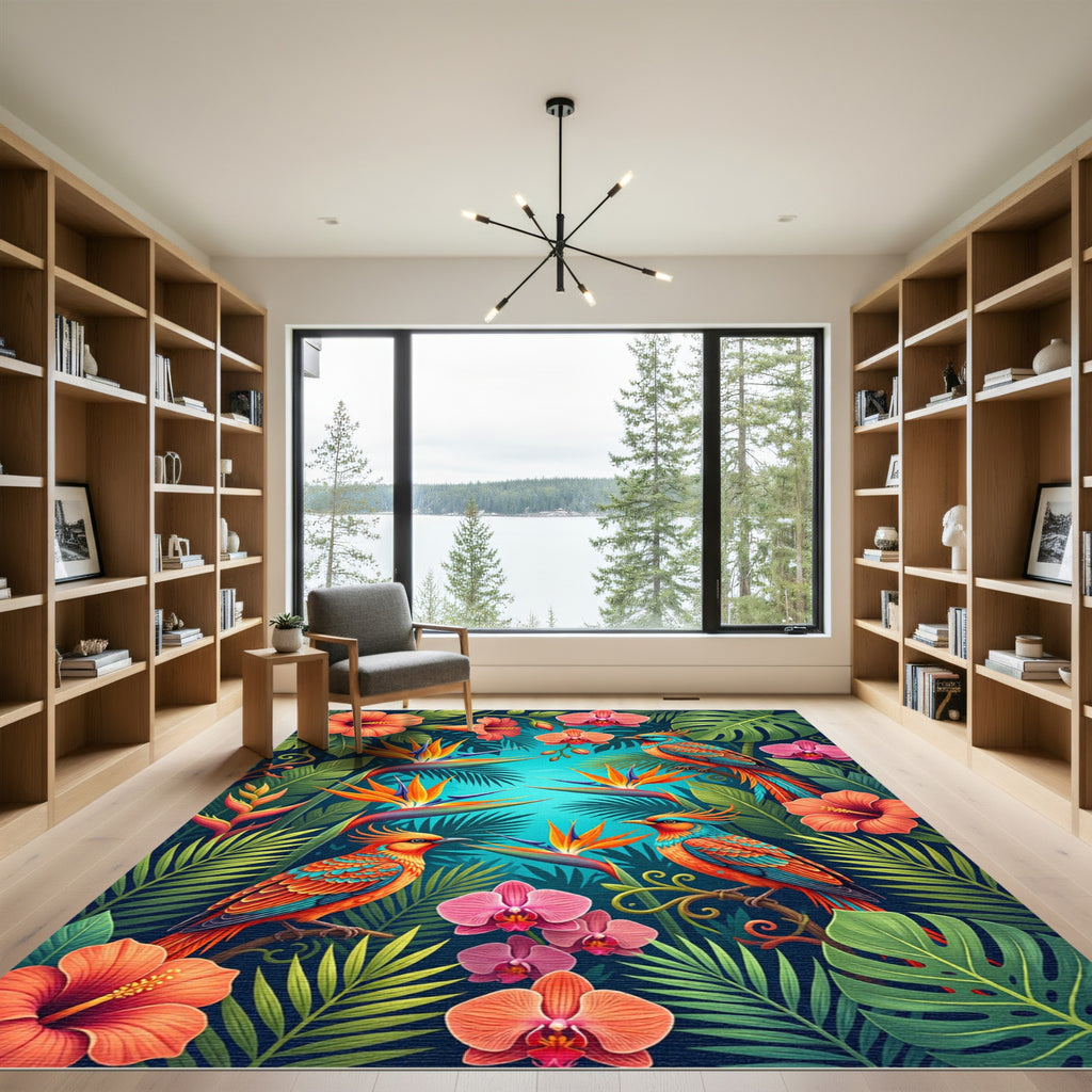 Exotic Birds Orchid Hibiscus Jungle Scene Rug