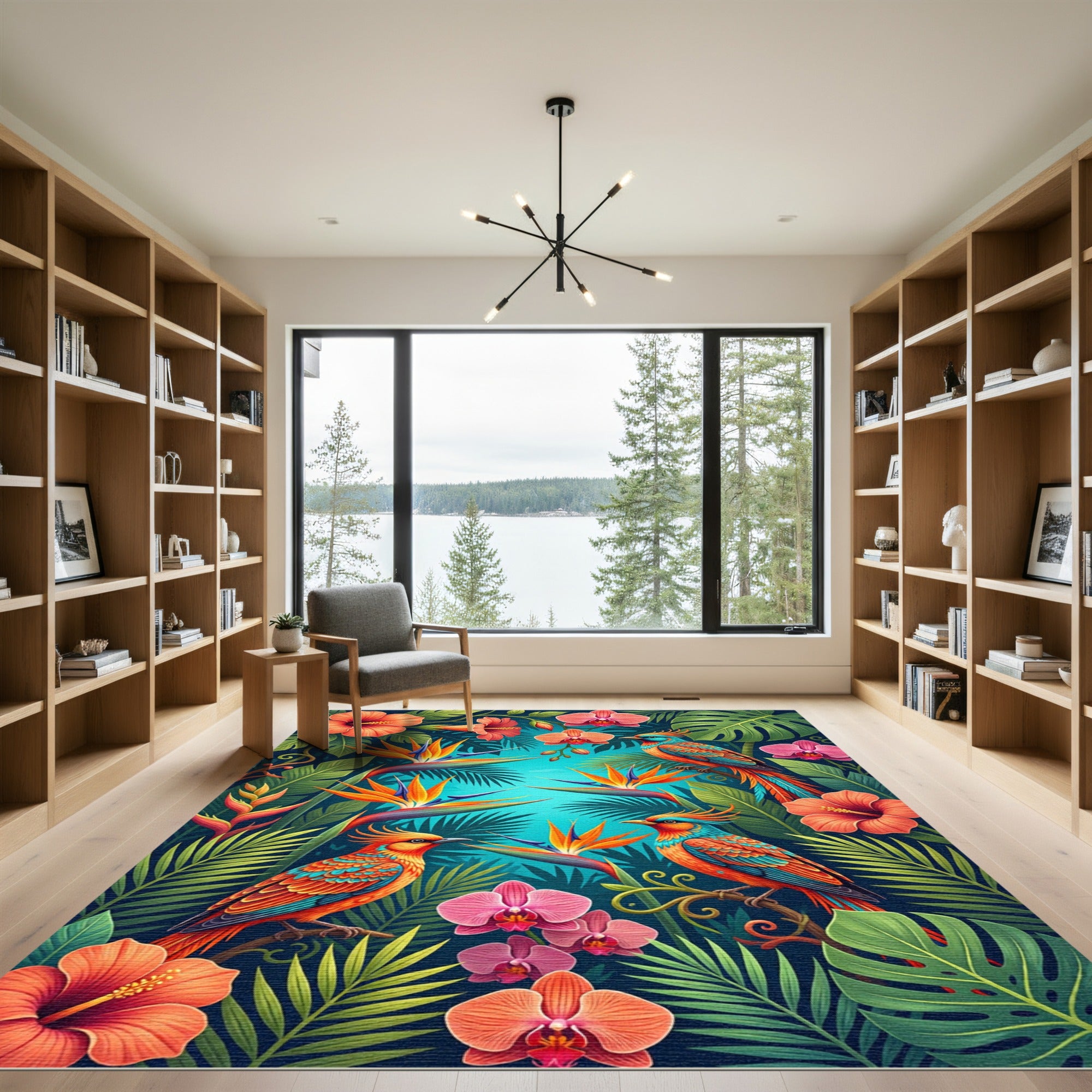 Exotic Birds Orchid Hibiscus Jungle Scene Rug