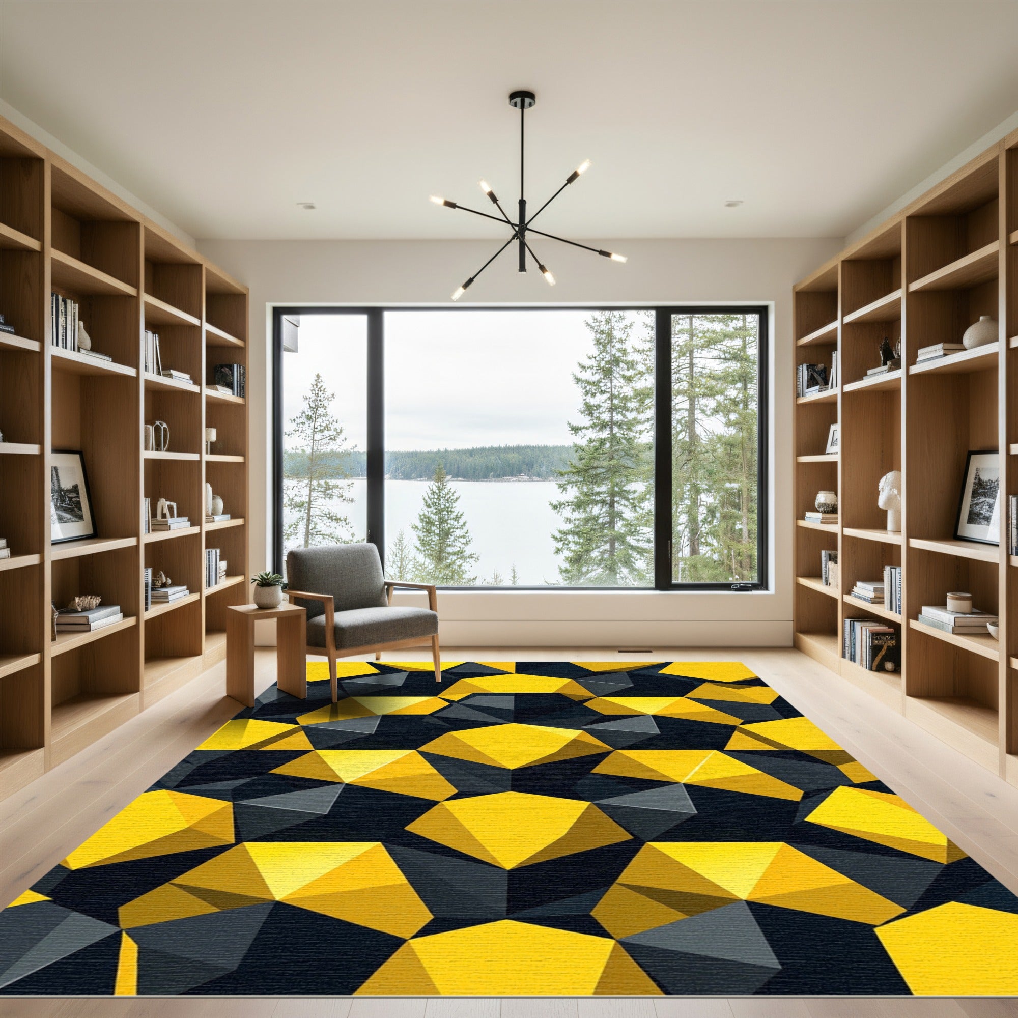 Bold Yellow Black Geometric Polyhedron Rug
