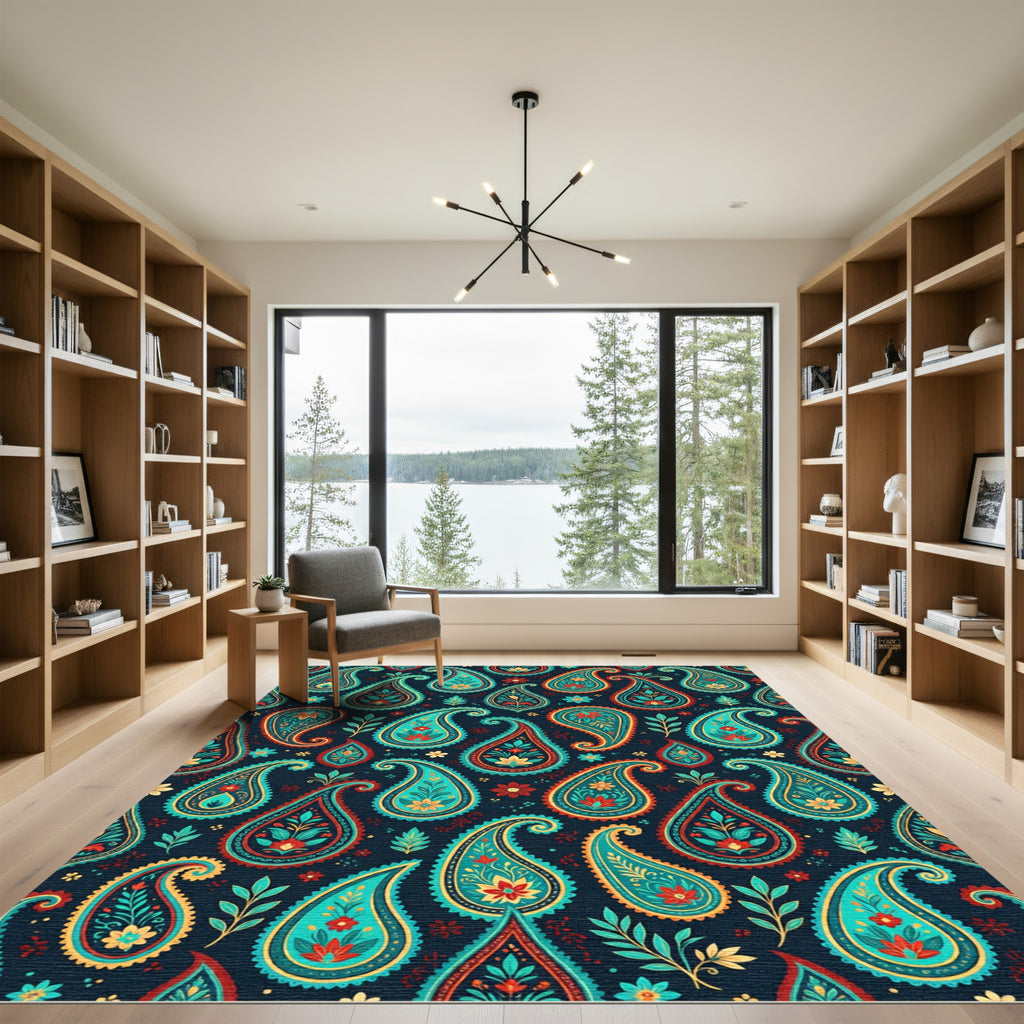 Teal Red Golden Paisley Floral Foulard Rug