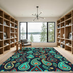 Teal Red Golden Paisley Floral Foulard Rug