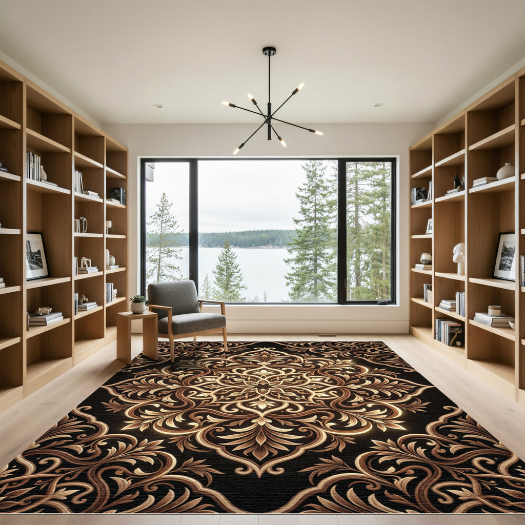 Ornate Golden Filigree Floral Medallion Rug