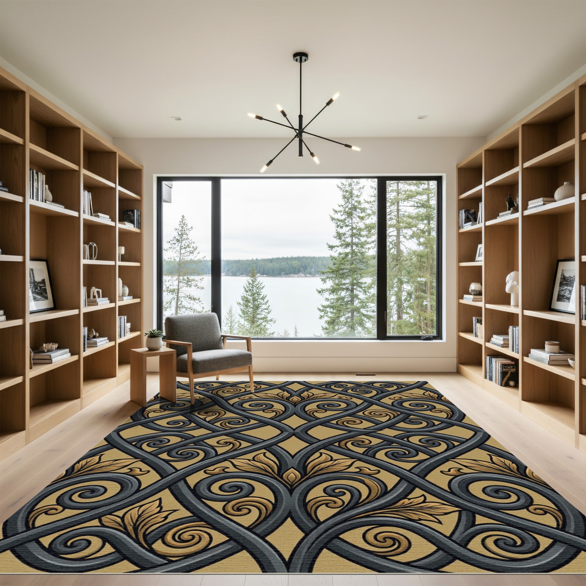 Ornate Black and Gold Ironwork Scroll Rug
