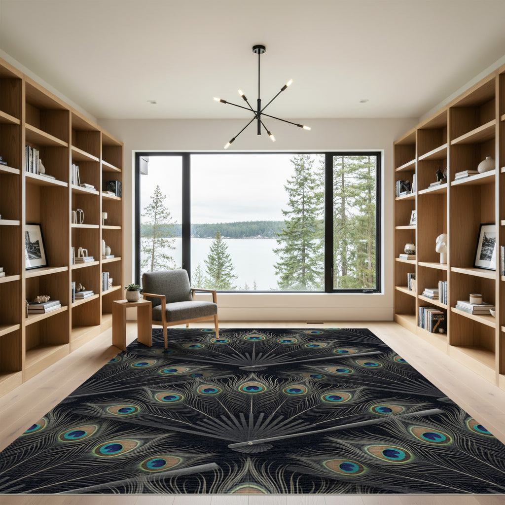 Black Peacock Feather Fan Repeating Rug