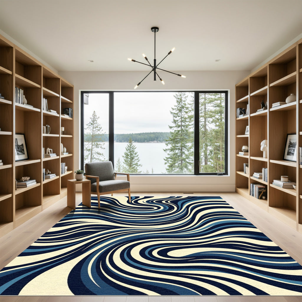 Deep Blue Cream Swirl Abstract Rug