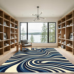 Deep Blue Cream Swirl Abstract Rug