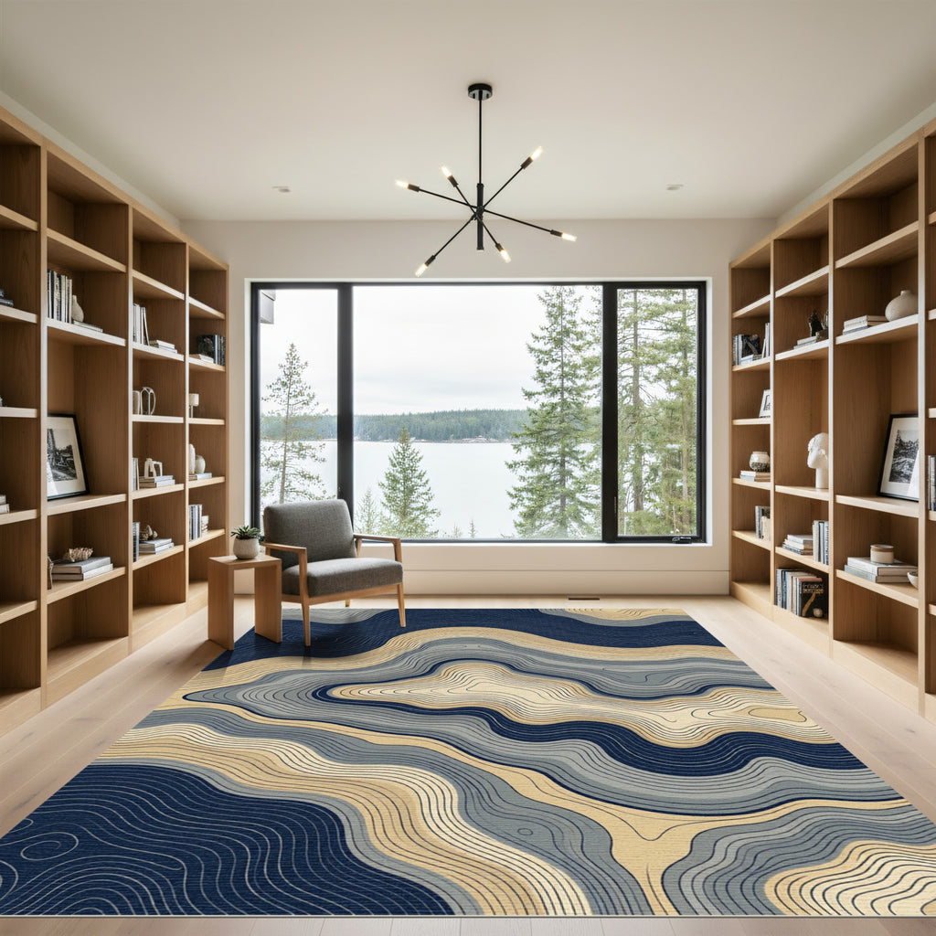 Navy and Gold Abstract Topographic Wave Rug
