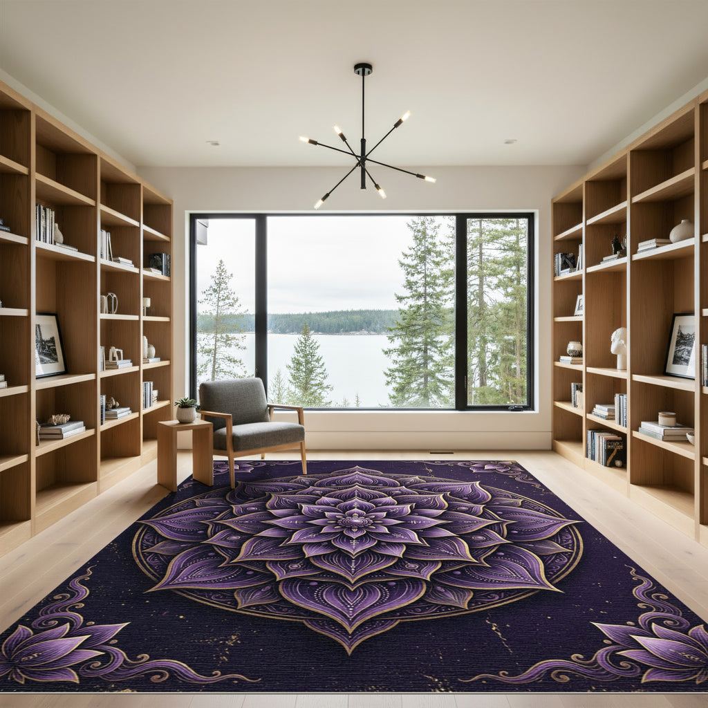 Ethereal Gold Purple Lotus Mandala Rug