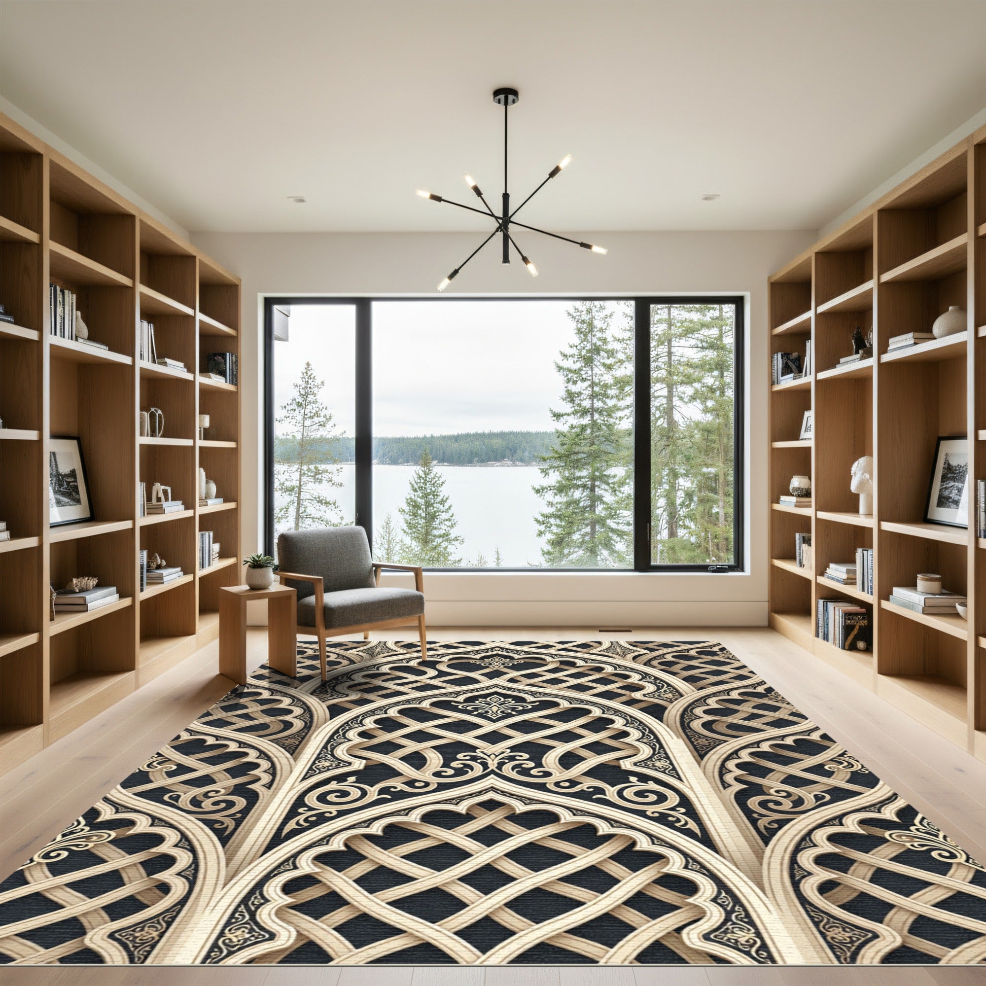 Ornate Cream and Charcoal Lattice Rug