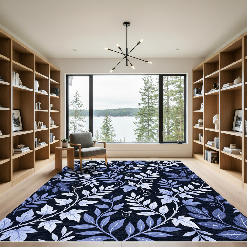 Midnight Blue Vine Leaf Artwork Rug