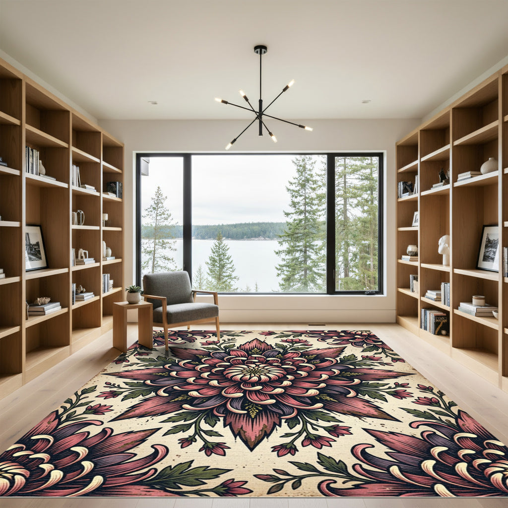 Vintage Mauve Chrysanthemum Floral Medallion Rug