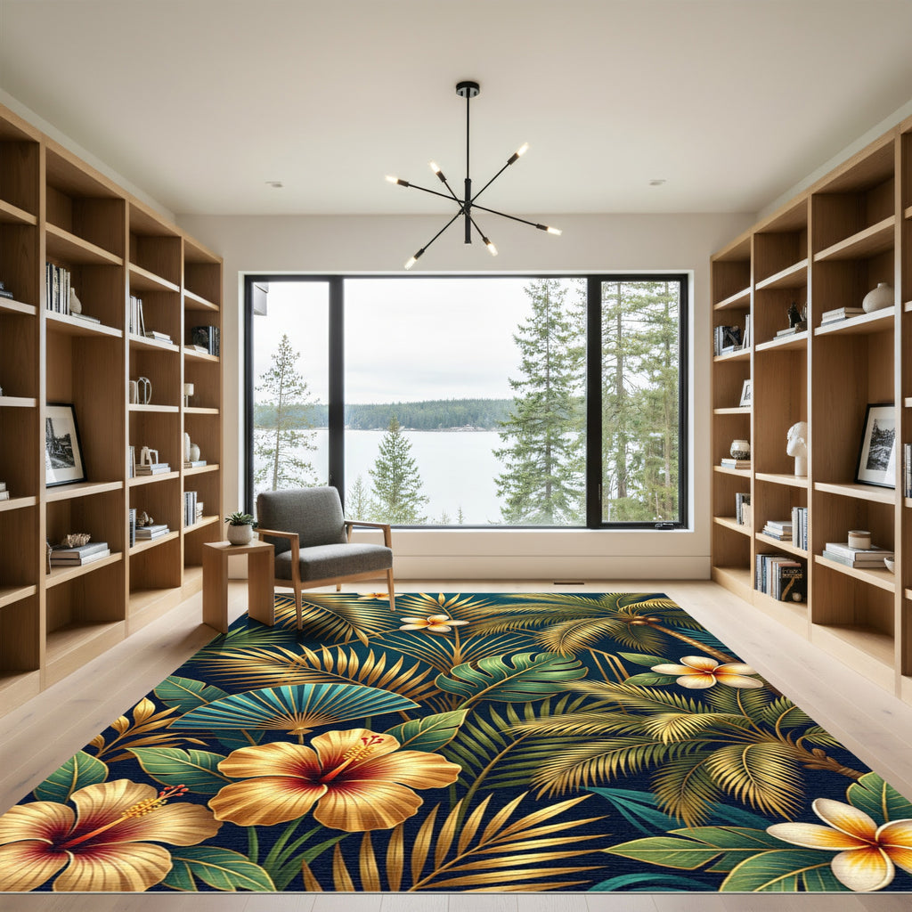 Golden Tropical Palm and Hibiscus Floral Rug