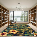 Golden Tropical Palm and Hibiscus Floral Rug