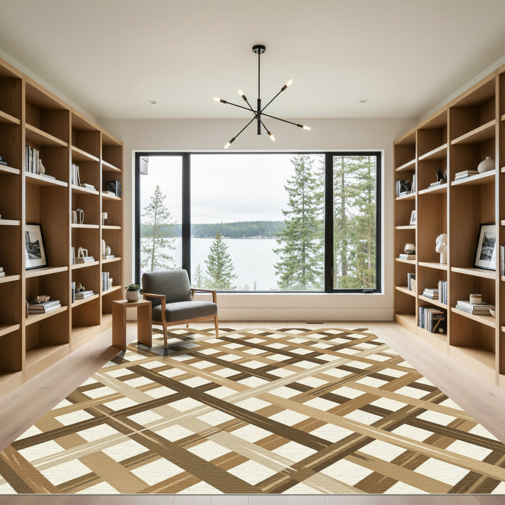 Earthy Brown Diagonal Lattice Plaid Rug