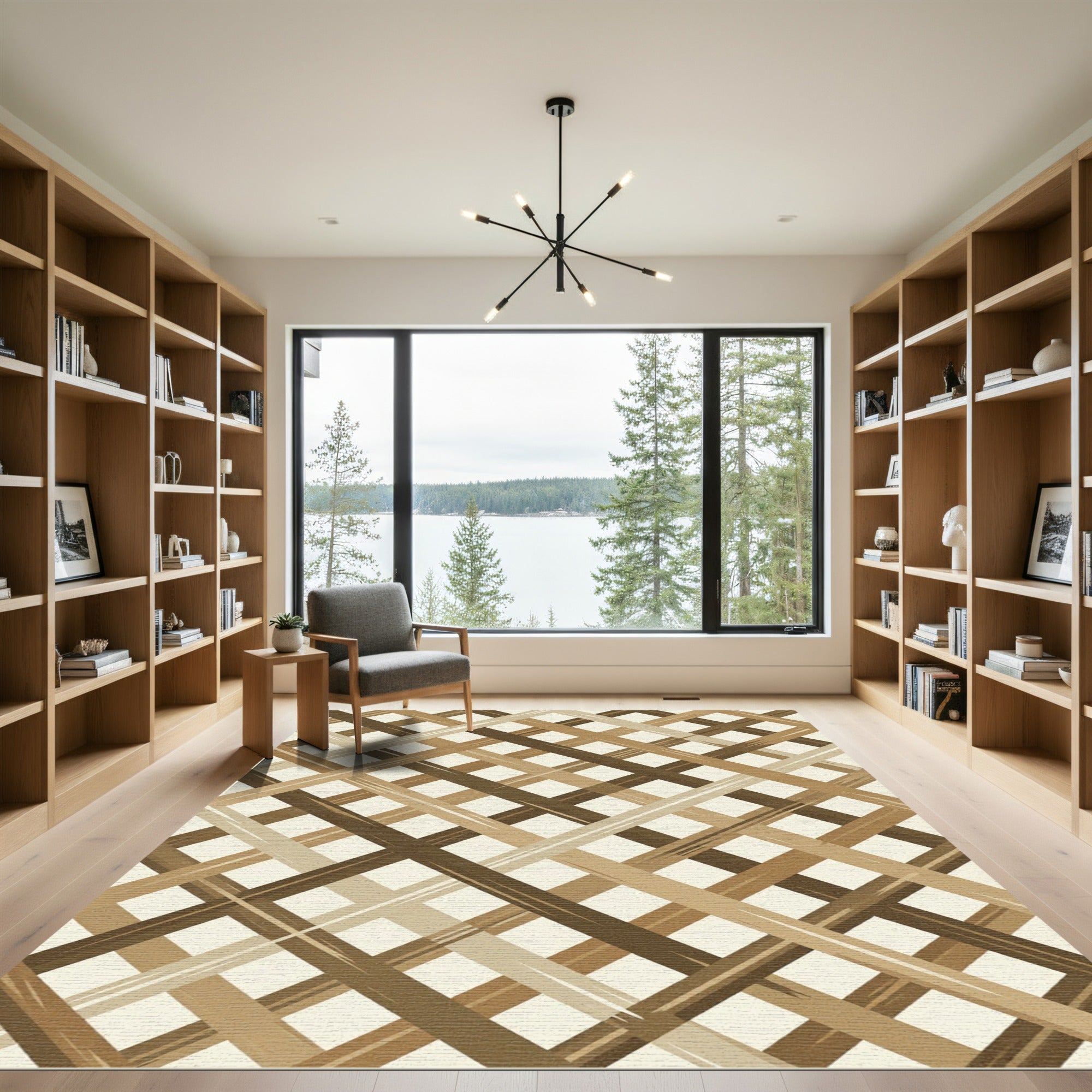 Earthy Brown Diagonal Lattice Plaid Rug