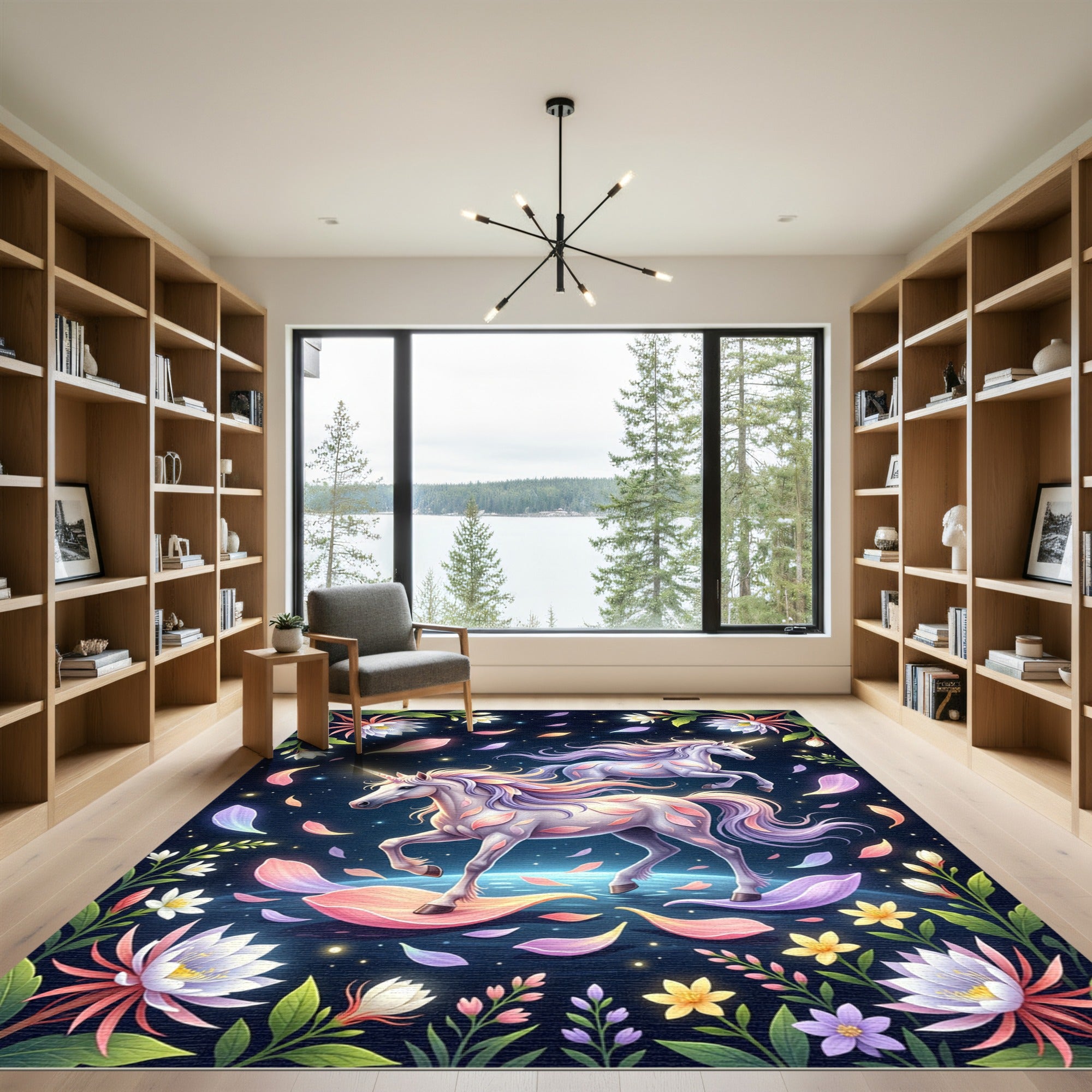 Celestial Unicorn and Petal Floral Meadow Rug