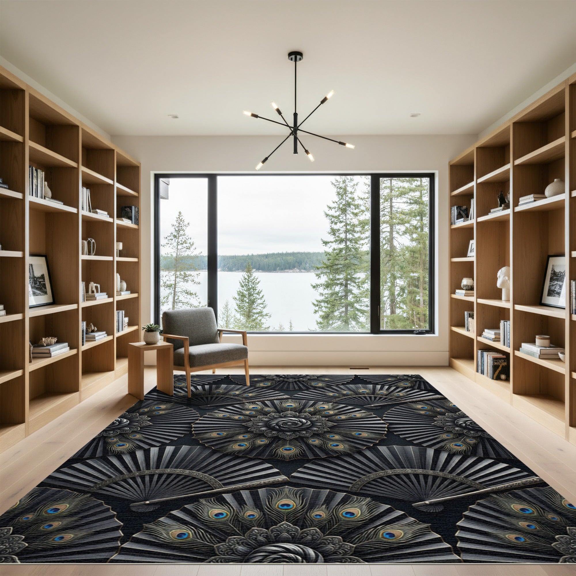 Elegant Peacock Feather Fan Medallion Rug