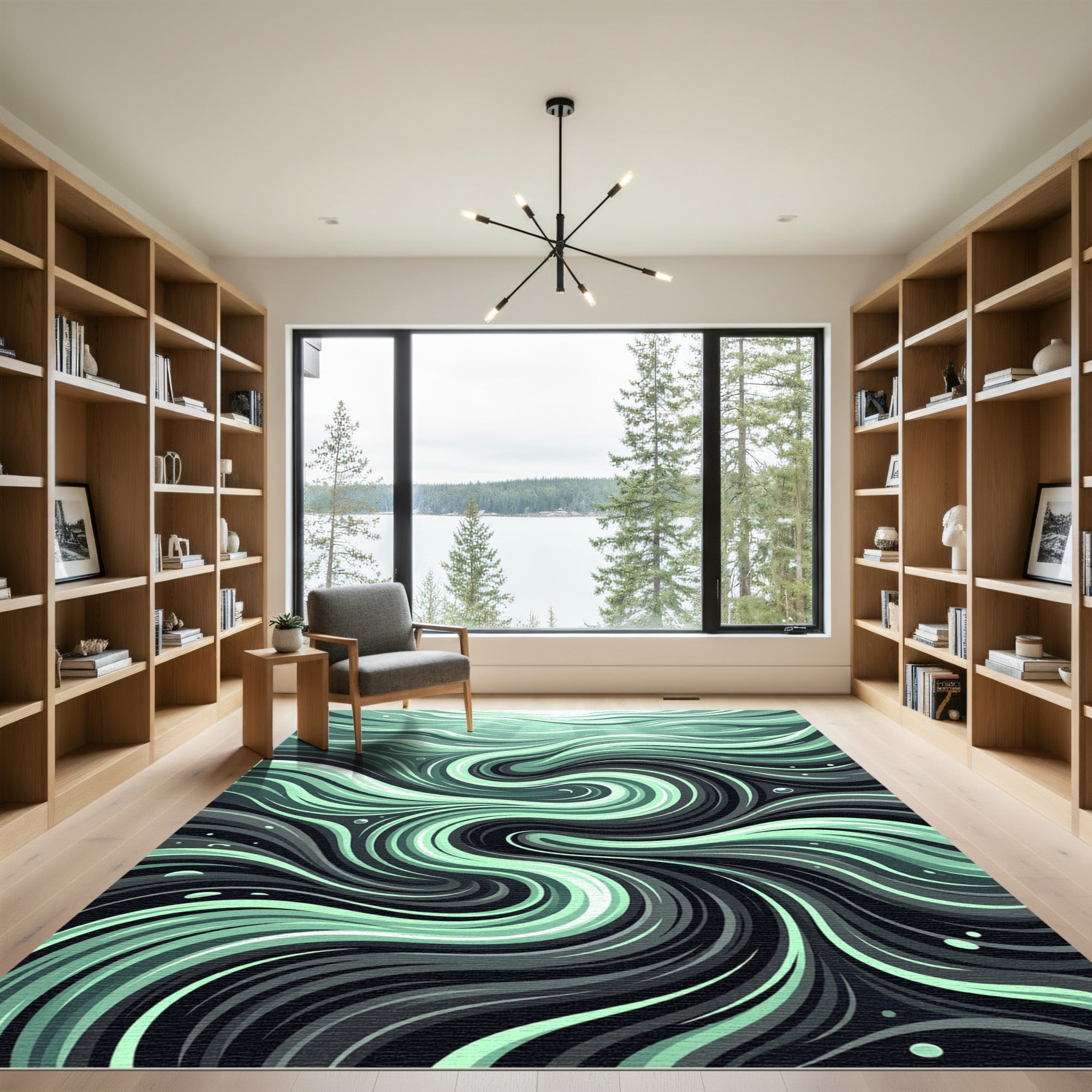 Ethereal Mint and Charcoal Fluid Wave Rug