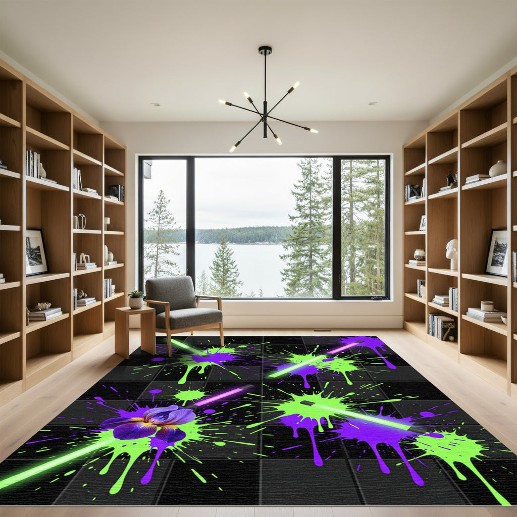 Neon Glow Splatter Electric Iris Art Rug