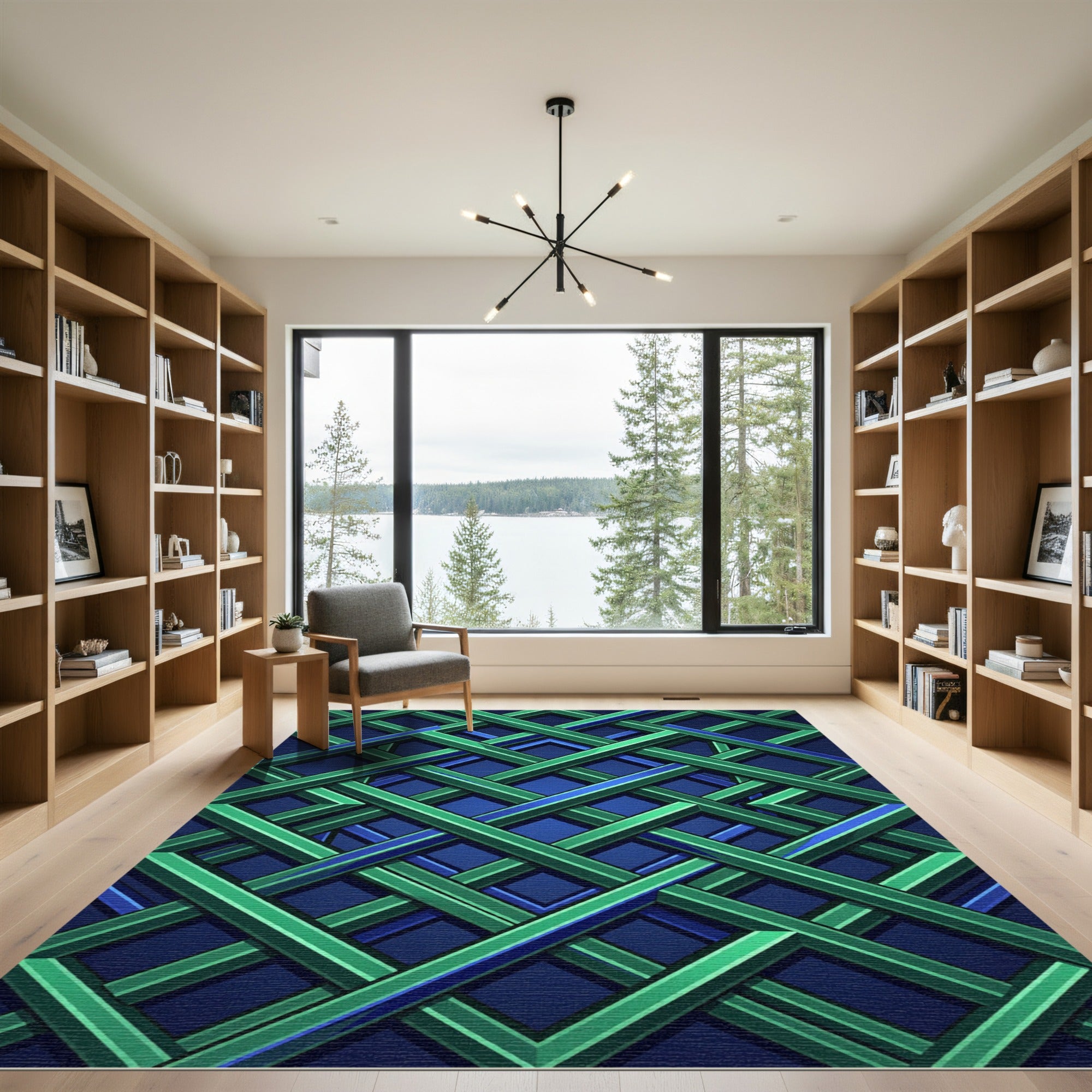 Geometric Emerald and Cobalt Intersecting Lattice Rug