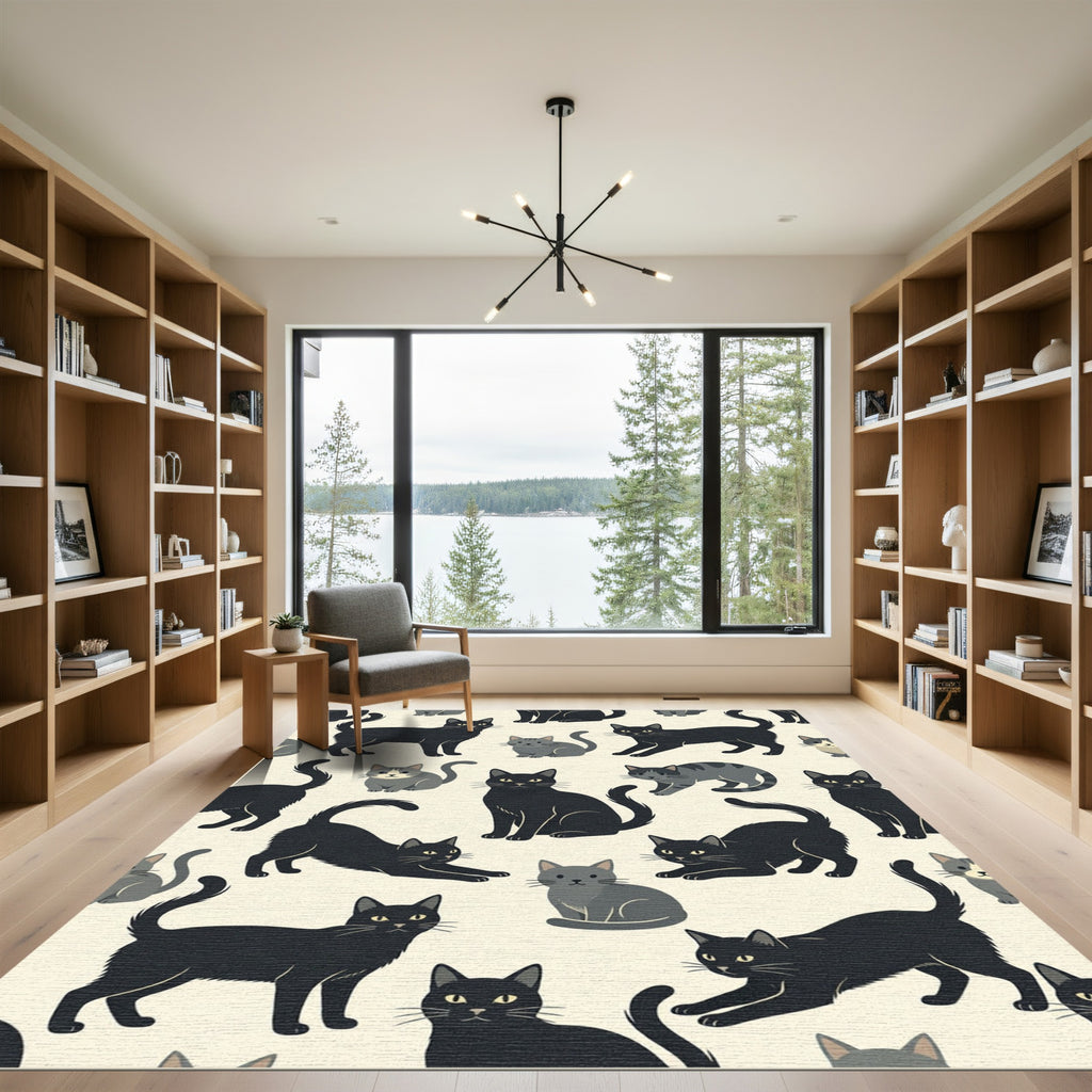 Whimsical Black and Gray Cat Silhouette Rug