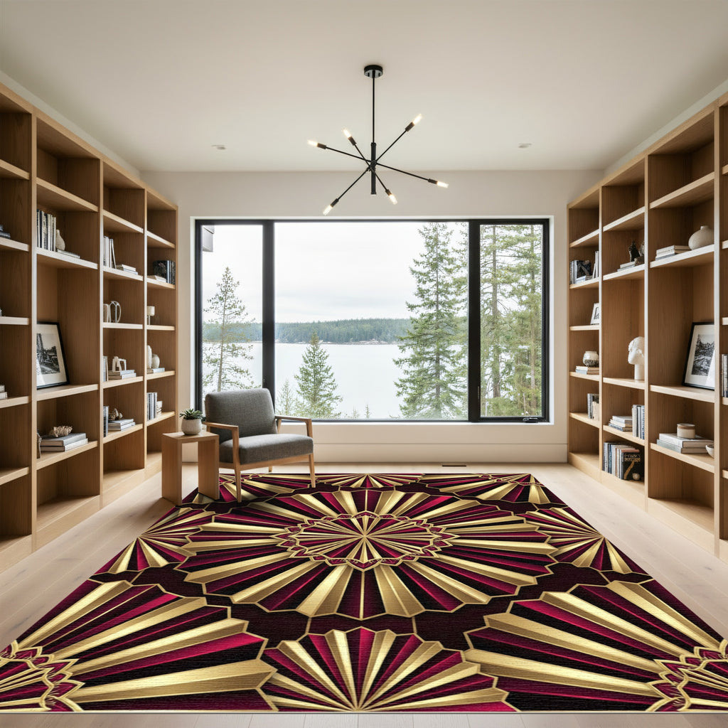 Gold and Burgundy Radiant Fan Medallion Rug