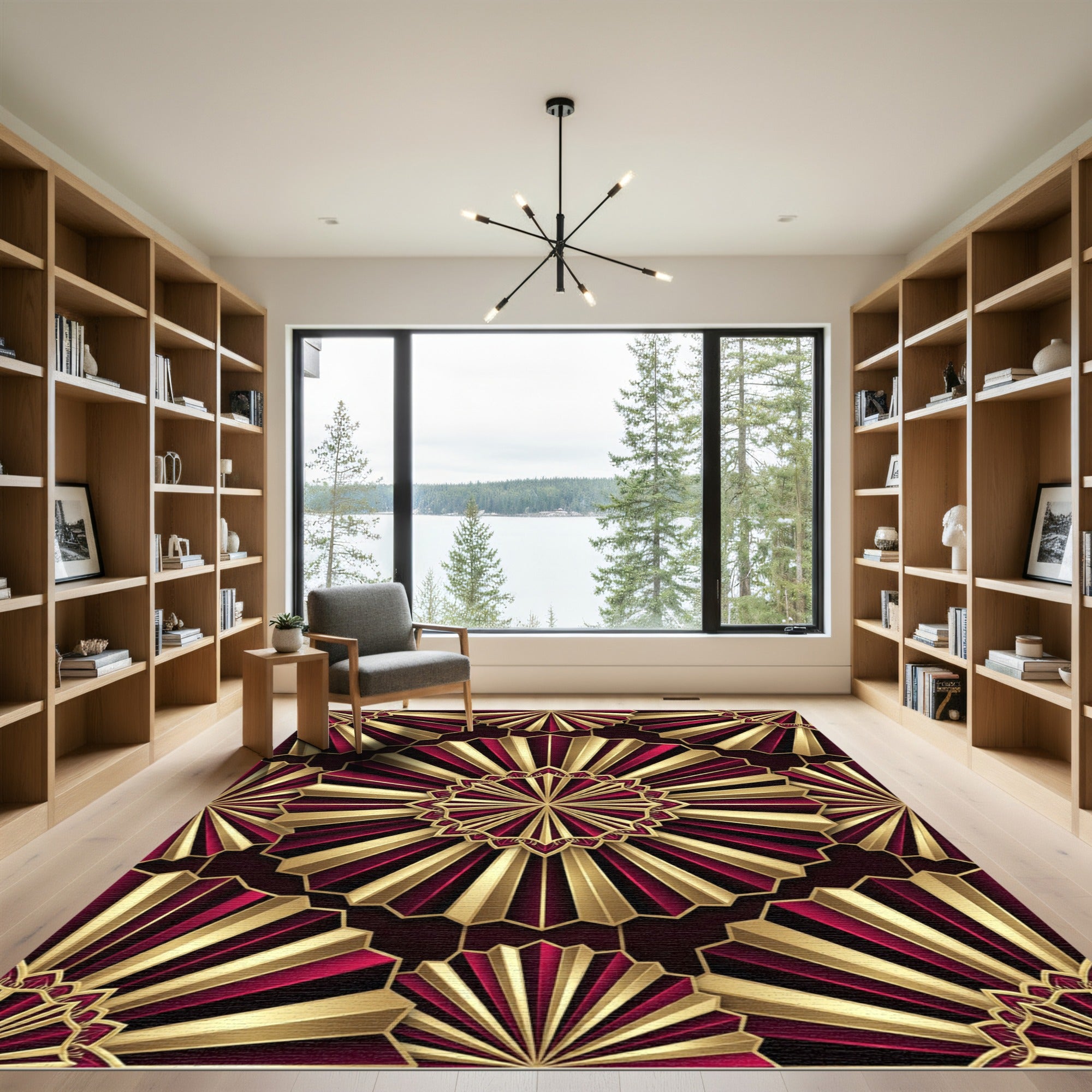 Gold and Burgundy Radiant Fan Medallion Rug