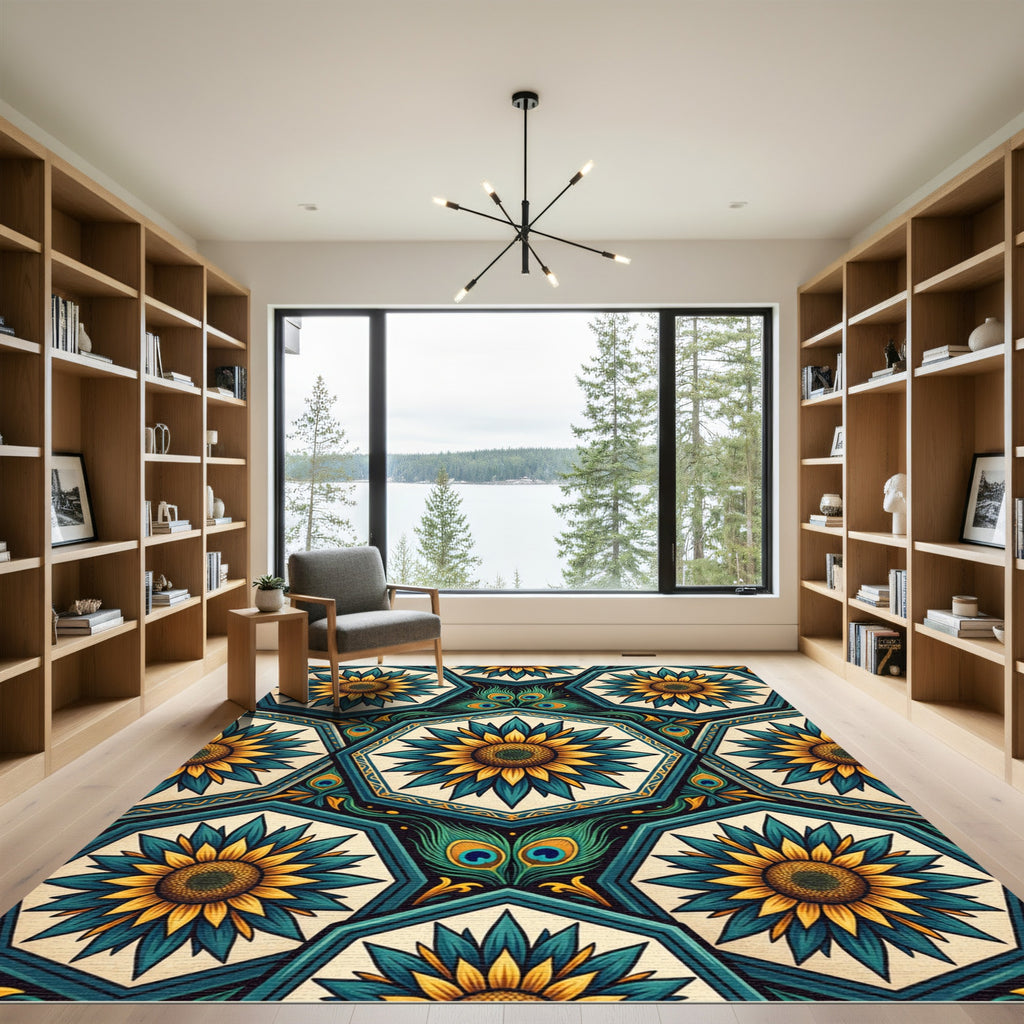 Teal Gold Sunflower Peacock Medallion Rug