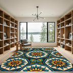 Teal Gold Sunflower Peacock Medallion Rug