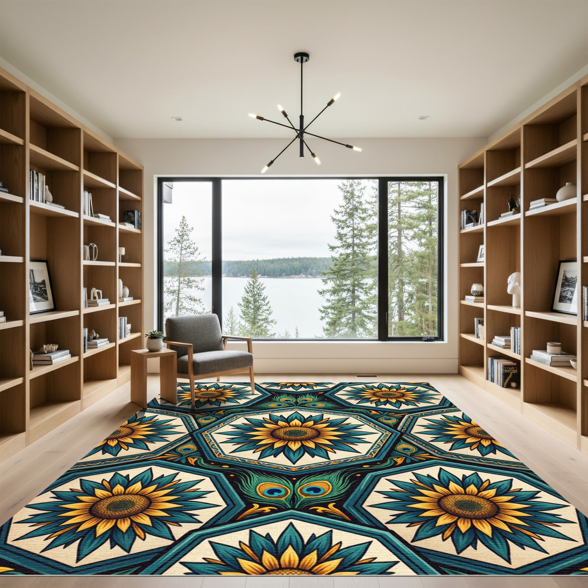 Teal Gold Sunflower Peacock Medallion Rug