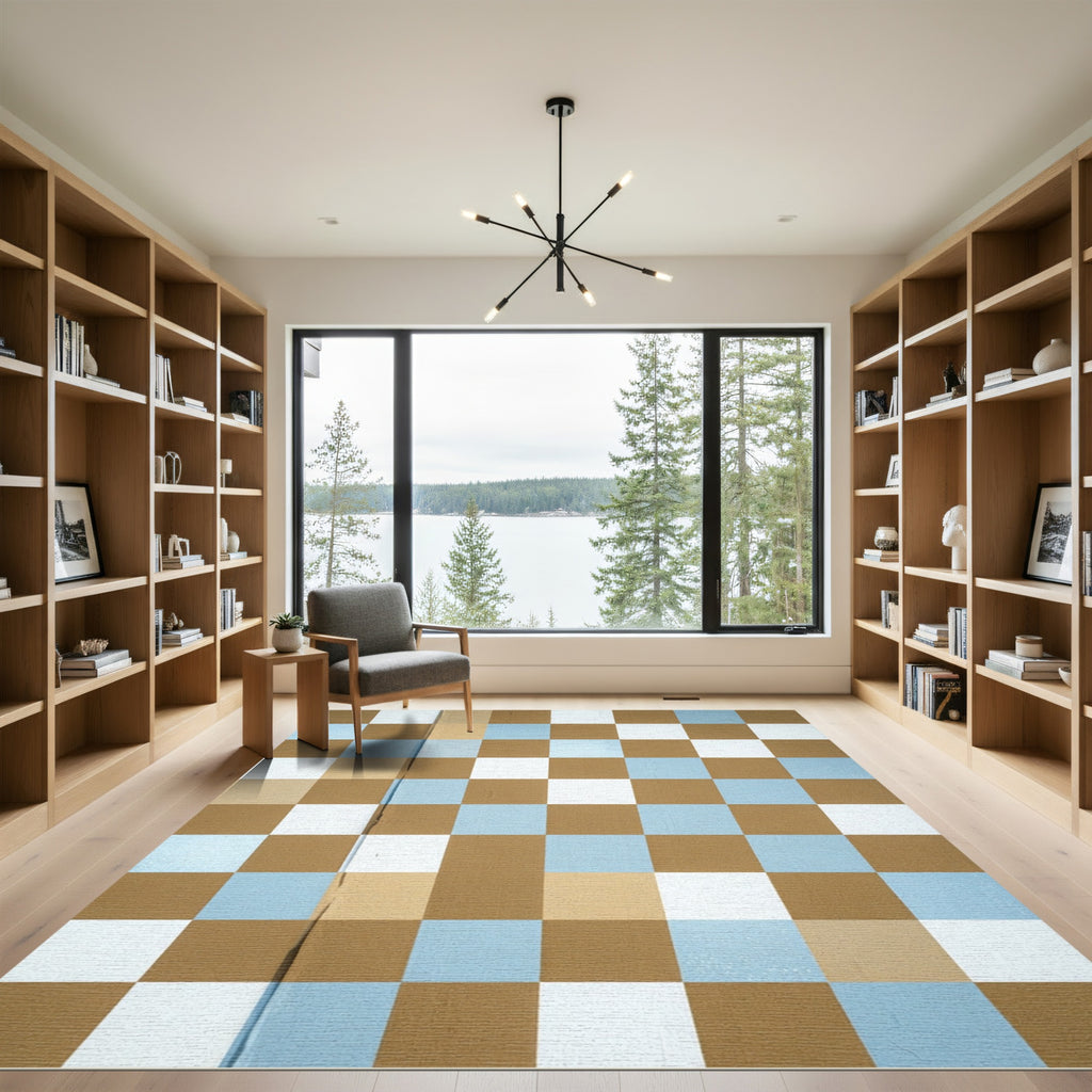 Brown Blue White Checkerboard Square Rug
