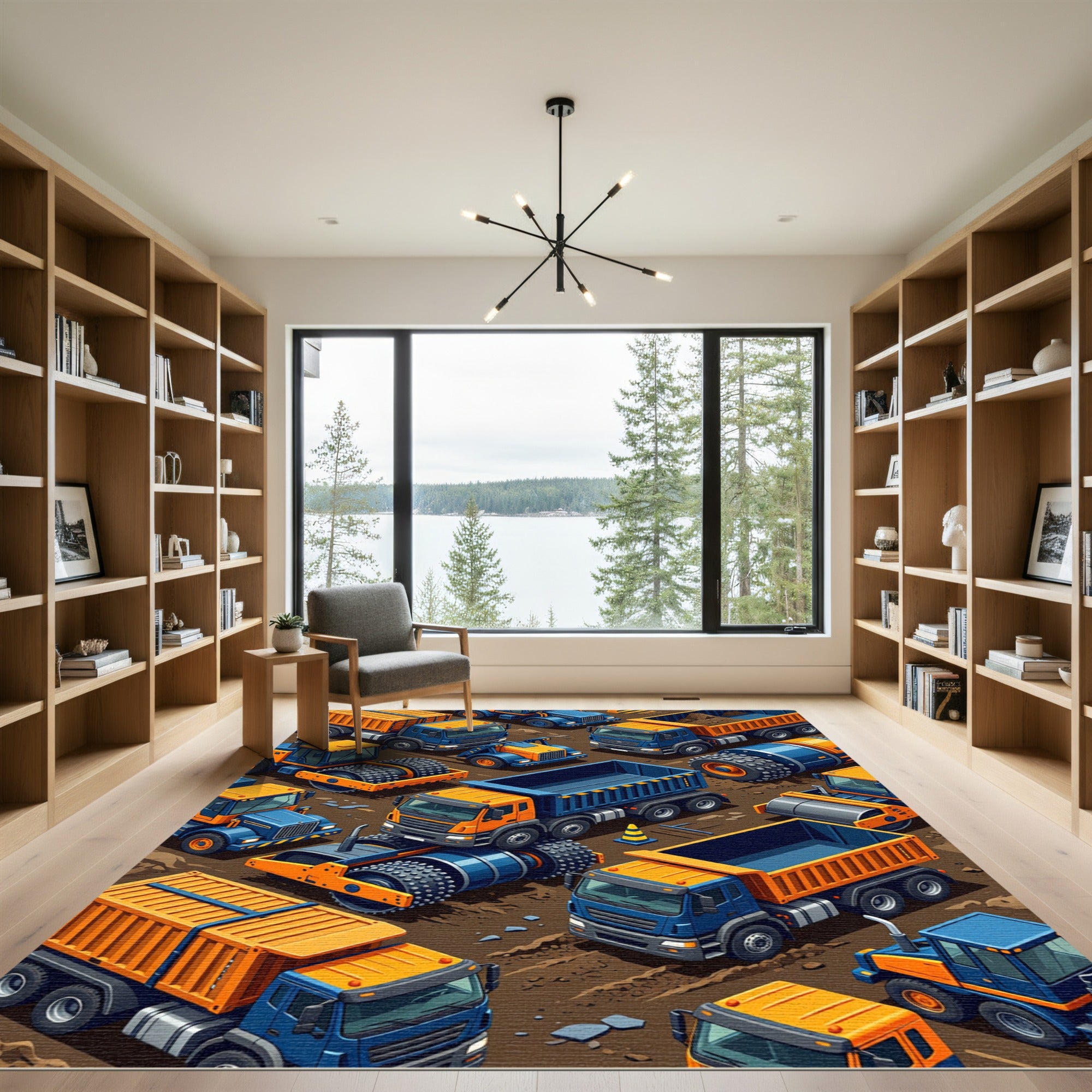 Isometric Orange Blue Construction Vehicle Grid Rug