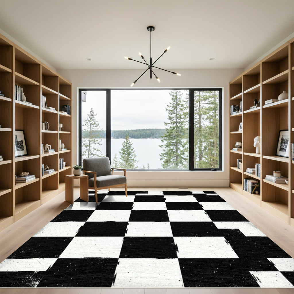 Bold Black and White Checkered Square Art Rug