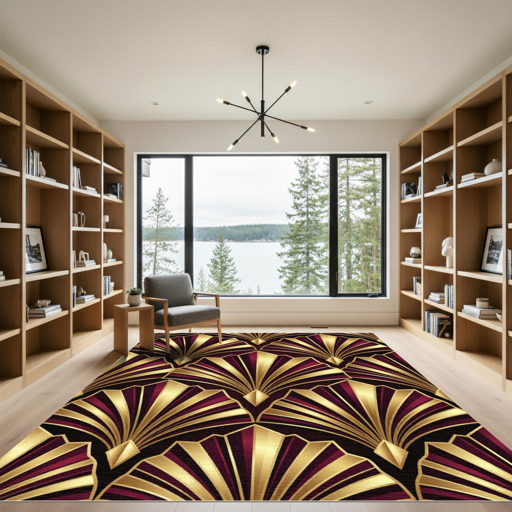 Deep Burgundy Gold Fan Art Deco Rug