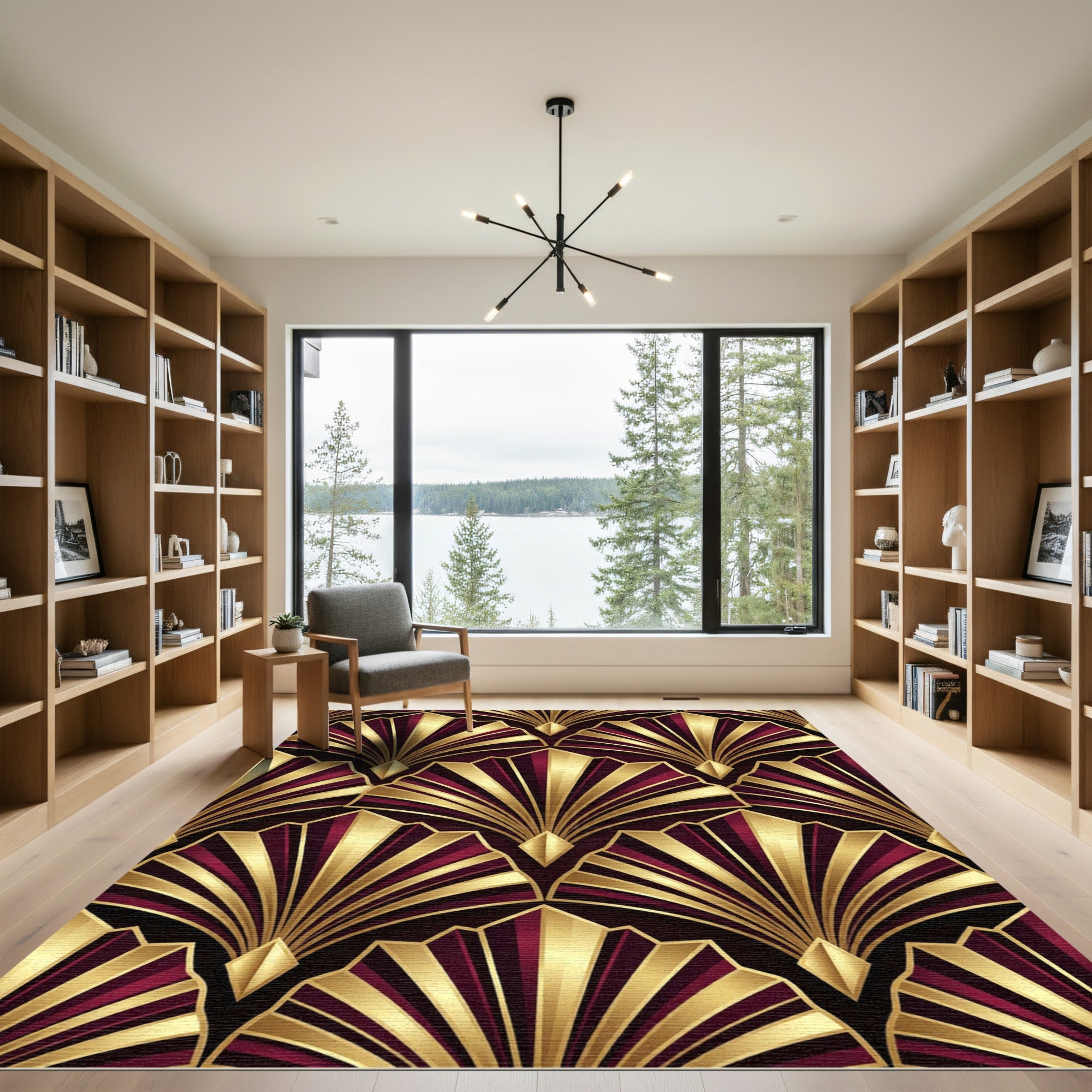 Deep Burgundy Gold Fan Art Deco Rug