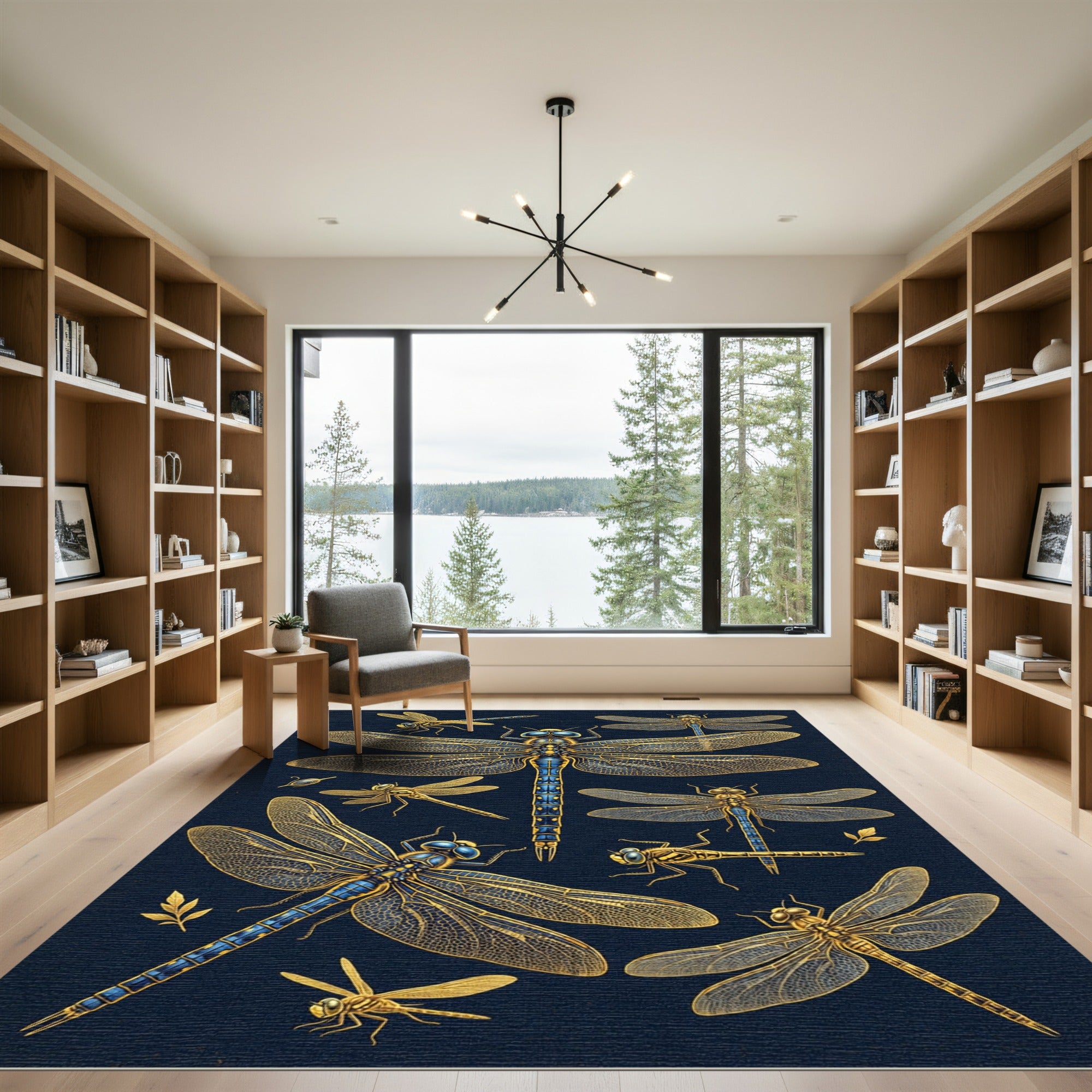 Golden Dragonfly Insect Illustration Navy Rug
