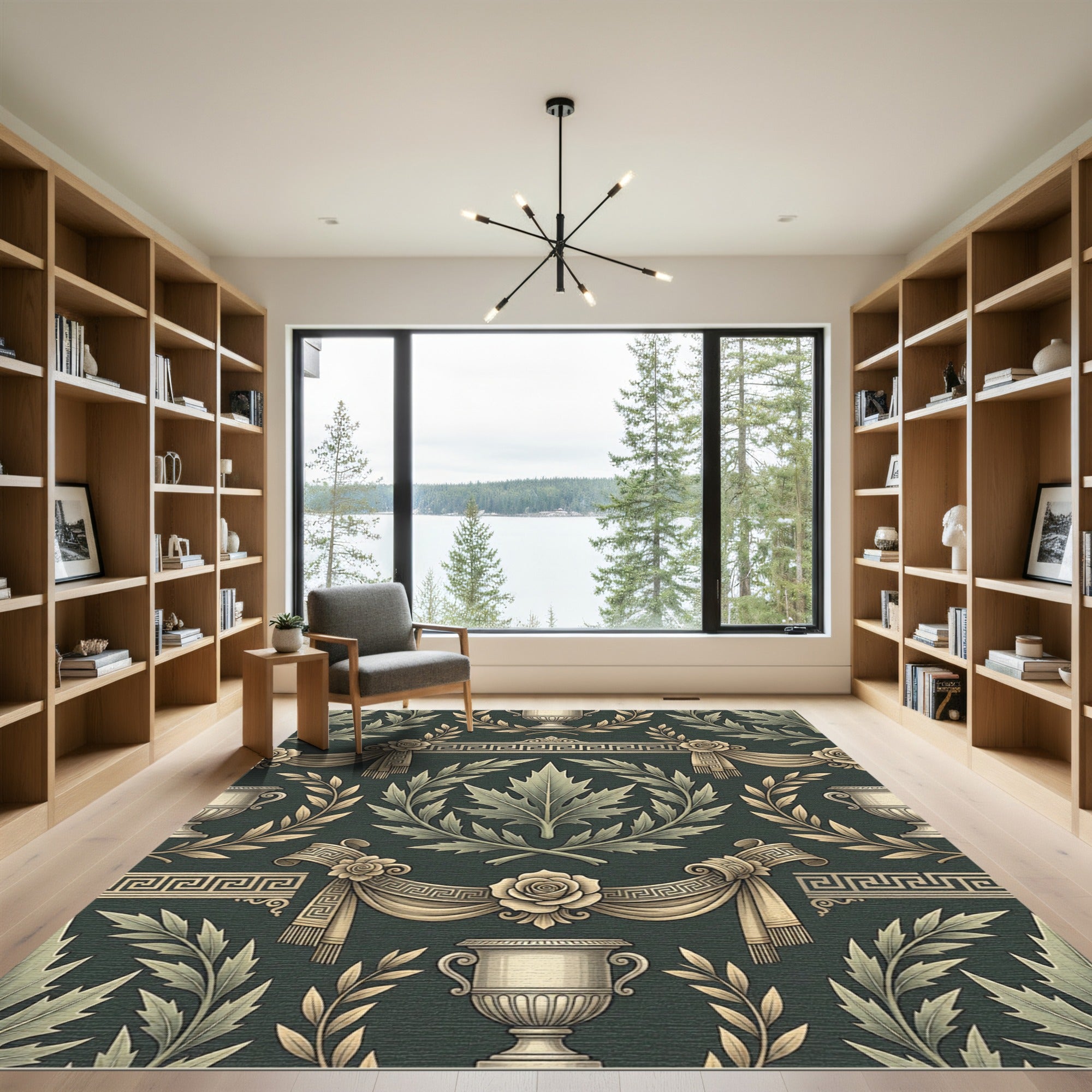 Neoclassical Sage Green Leaf Urn Damask Rug