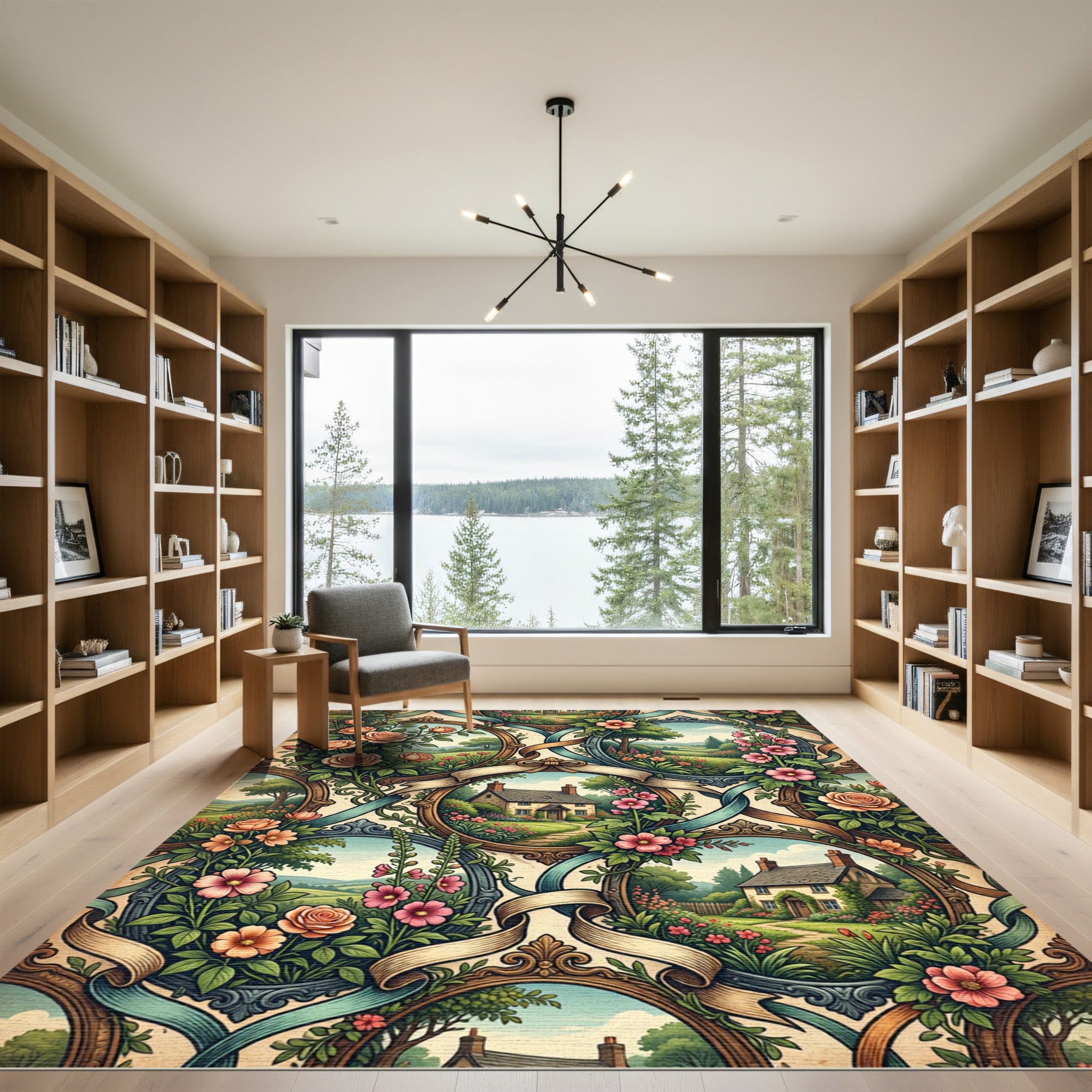 Vintage Cottage Floral Frame Landscape Rug