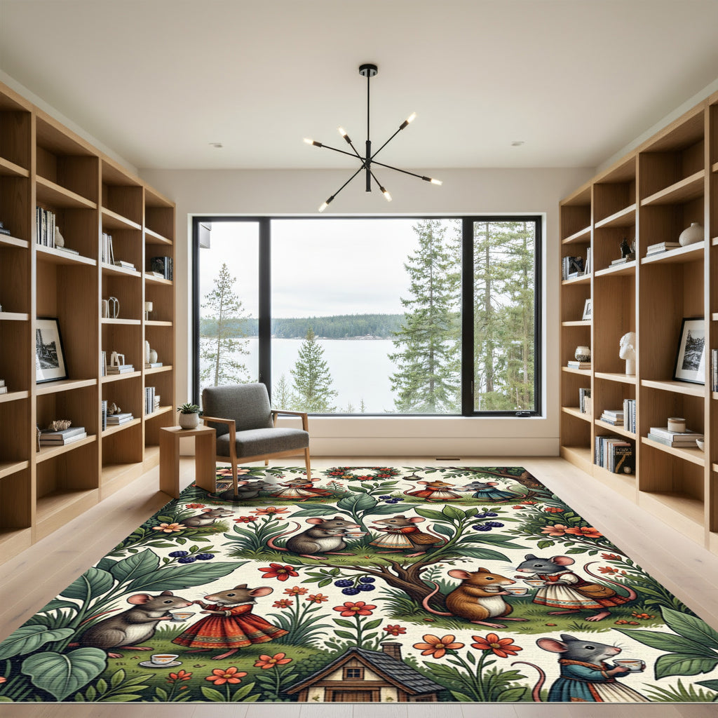 Whimsical Mouse Tea Party Garden Illustration Rug