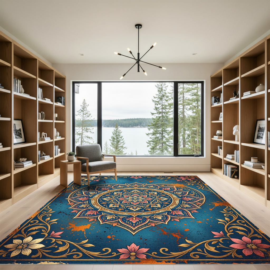 Vintage Teal Floral Heart Medallion Rug