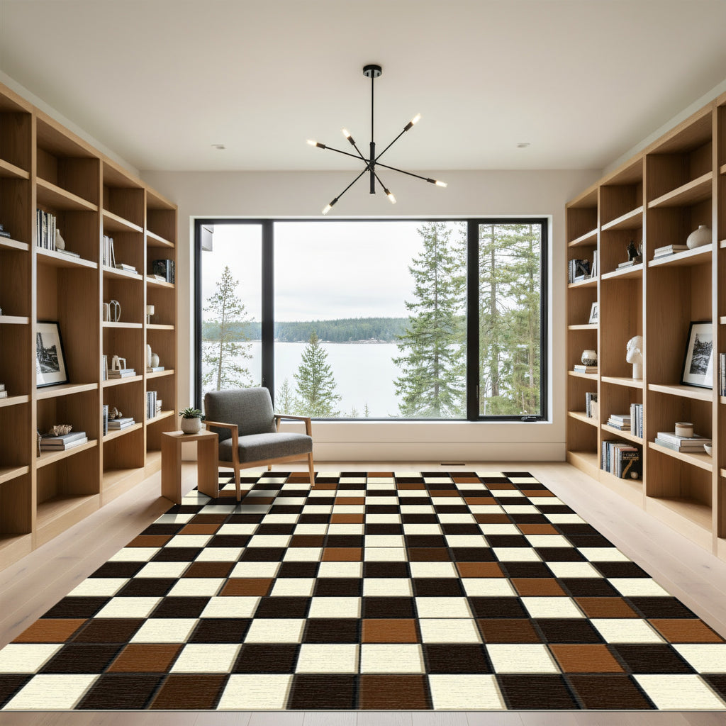 Brown Cream Black Checkerboard Squares Rug