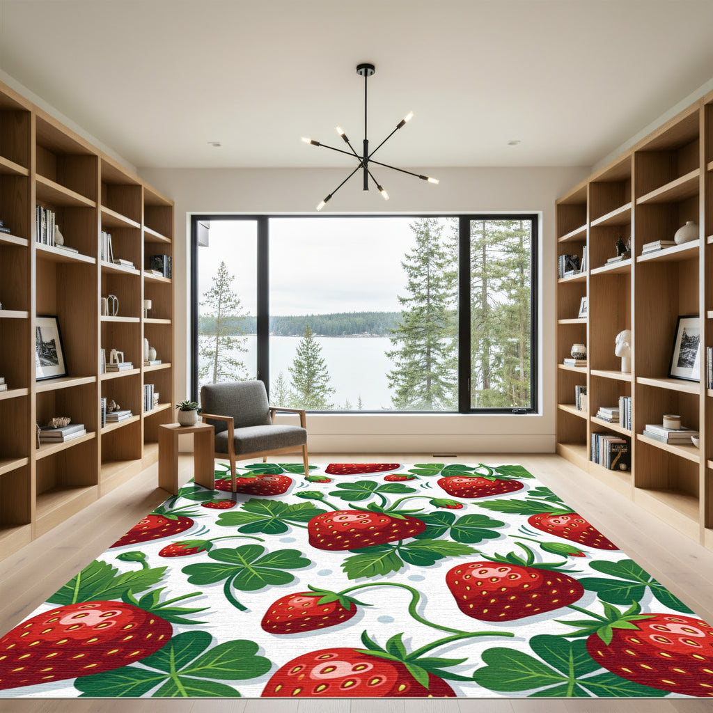 Vibrant Strawberry Field Botanical Illustration Rug