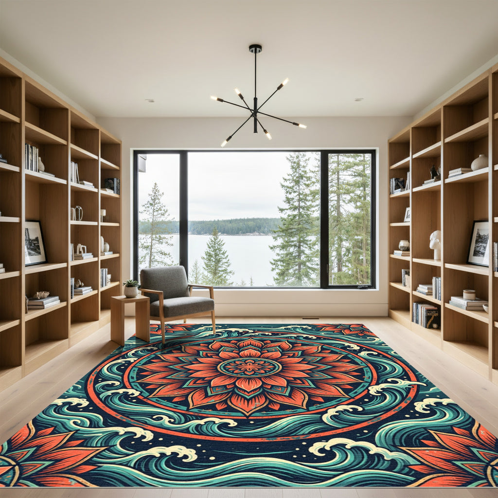 Mandala Lotus with Teal Ocean Waves Rug