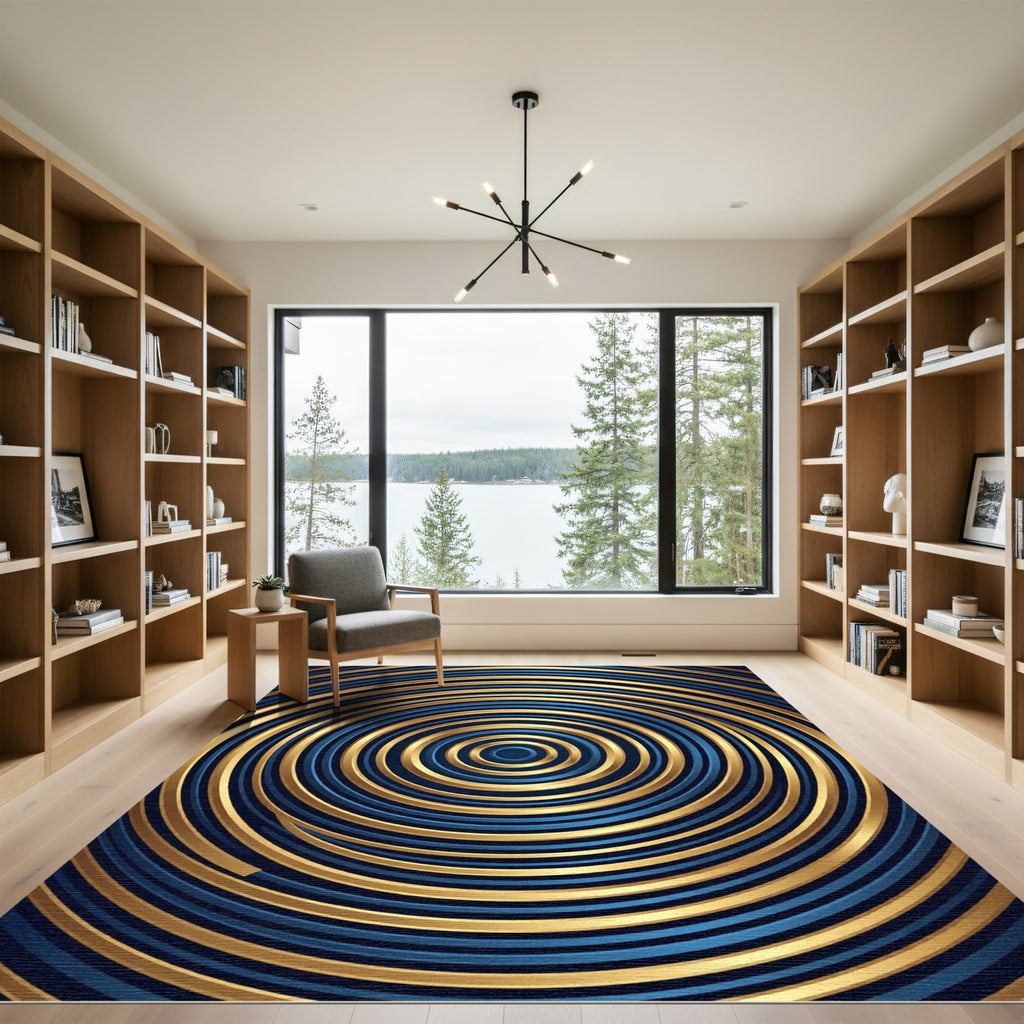 Modern Navy and Gold Concentric Circles Rug