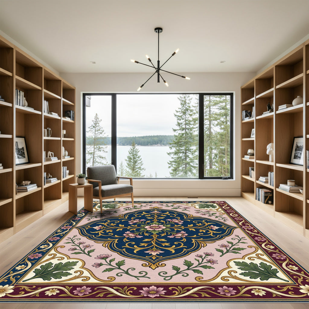 Elegant Navy Pink Floral Medallion Rug