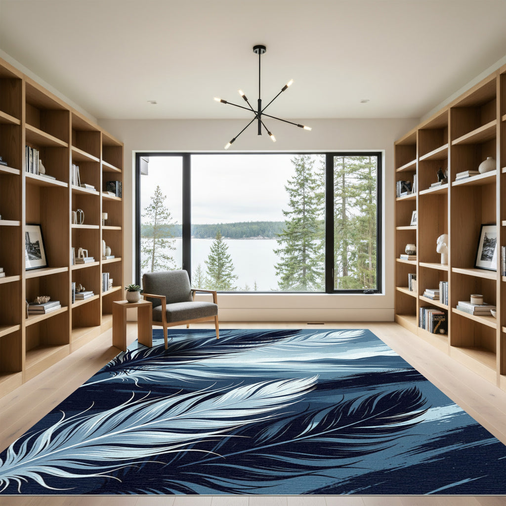 Abstract Indigo Floating Feather Landscape Rug