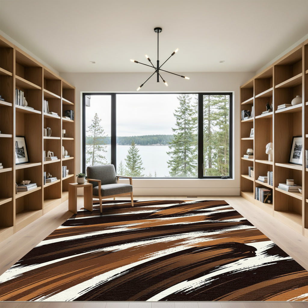 Earthy Brown Abstract Brushstroke Swirl Rug