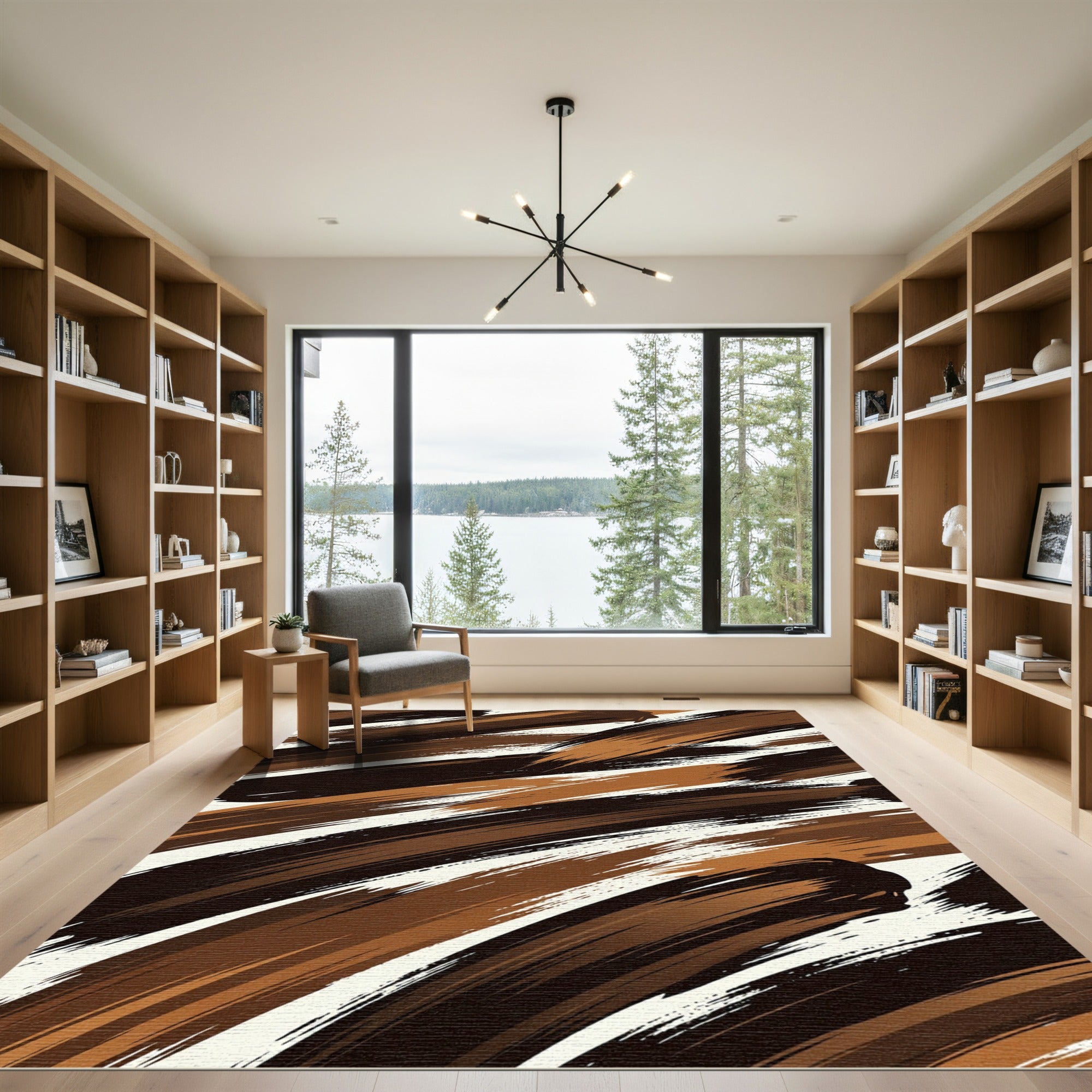Earthy Brown Abstract Brushstroke Swirl Rug