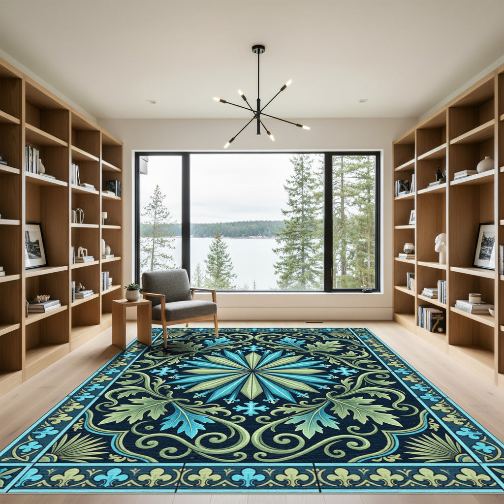 Deep Blue Green Floral Medallion Rug